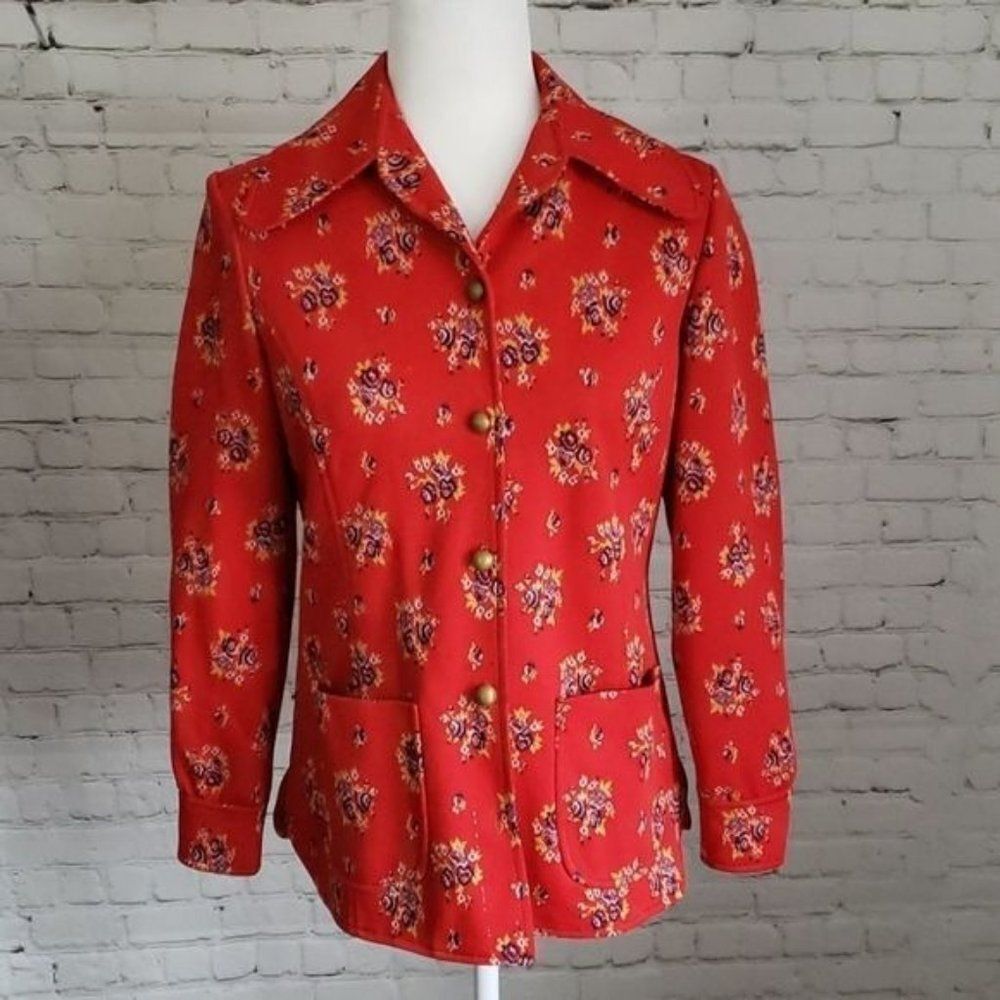 Vintage 60s Mod Floral Red Boho Button Down Shirt - image 3